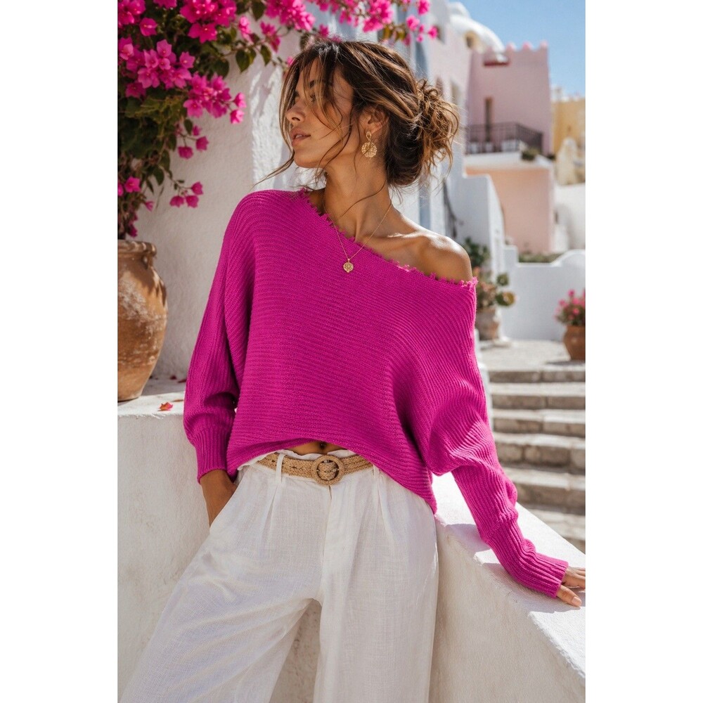 Leith XS Hot Pink Boat Neck Cropped Dolman Sleeve Knit Sweater Fringe Top